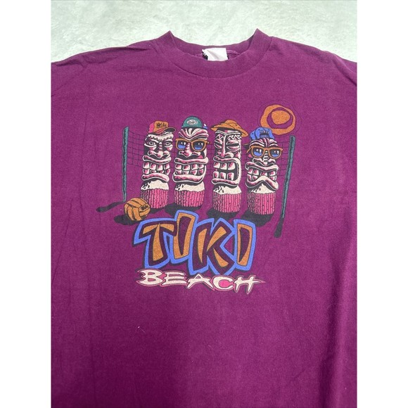 Vtg 90s I Dig Sports, Single Stitch Maroon Tiki Beach Graphic T-Shirt Size Large - Picture 2 of 8
